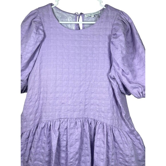 English Factory Lilac Textured Puff Sleeve Mini Dress L Tiered Back Tie Babydoll - Picture 2 of 11
